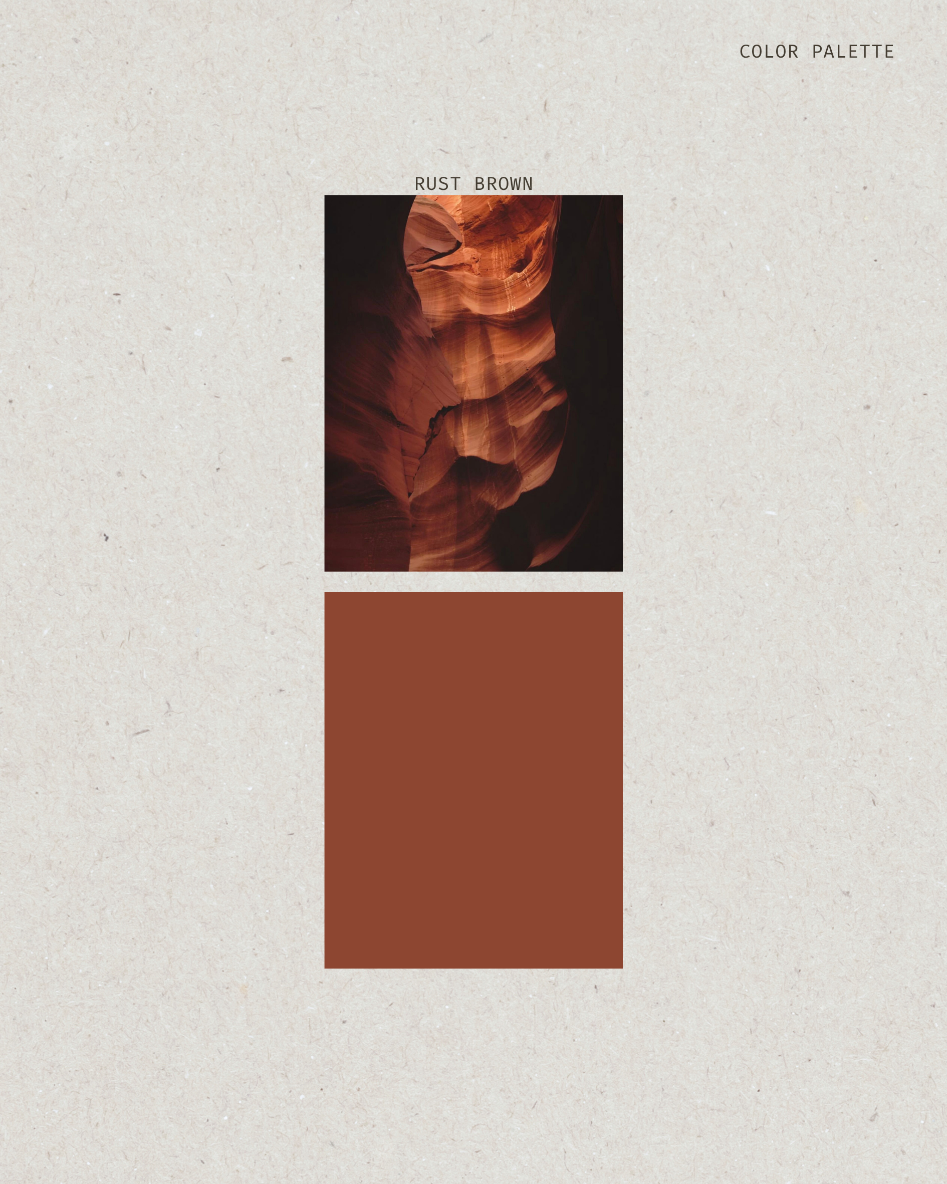Rust brown color swatch on a textured beige background with 'Color Palette' text.